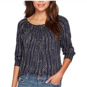 Lucky Brand Navy Chevron Printed Smocked Boho Casual Top Blouse Shirt Small‎ S